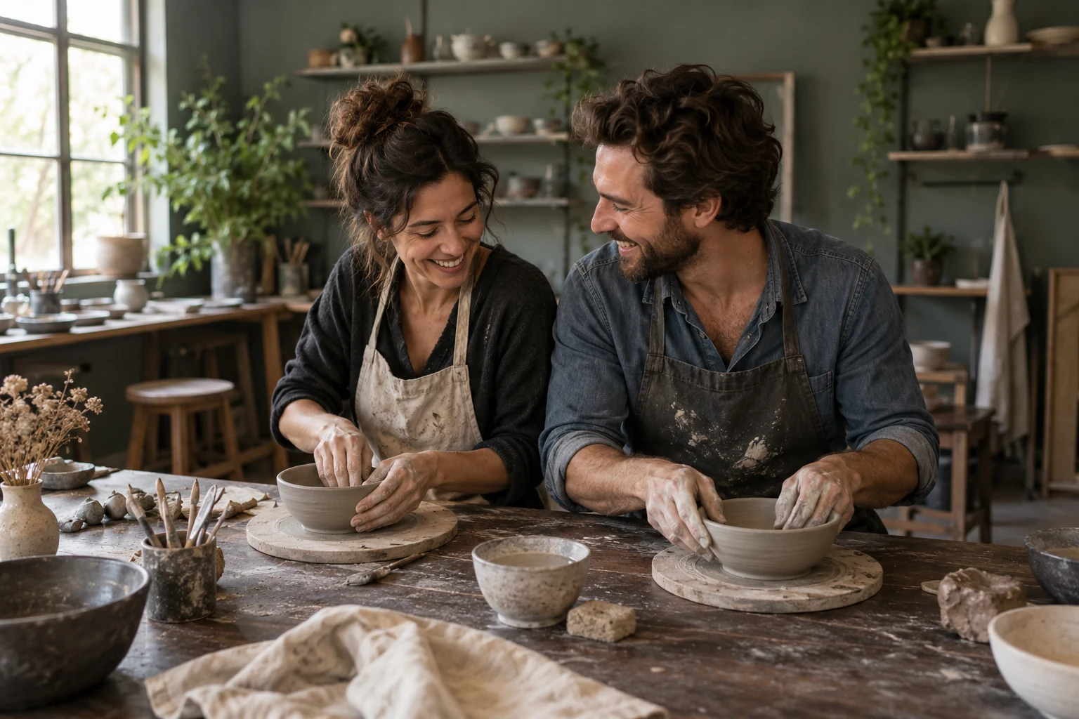 A couple enjoying a pottery session together